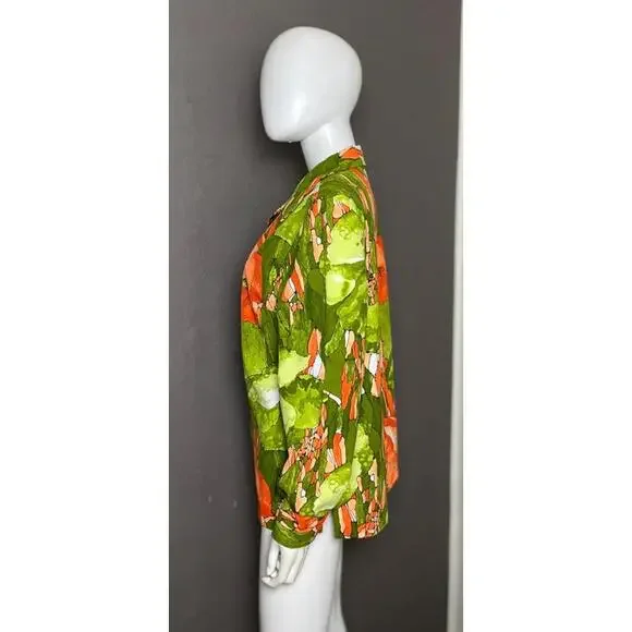 1960's MOD Watercolor Floral Avocado Green + Orange Shirt Dagger Collar Large - Picture 3 of 9